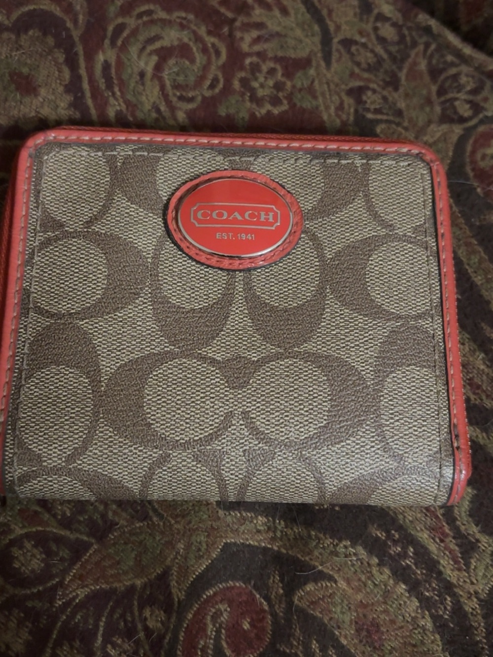 Coach Signature Canvas Wallet in Tan with Coral Trim